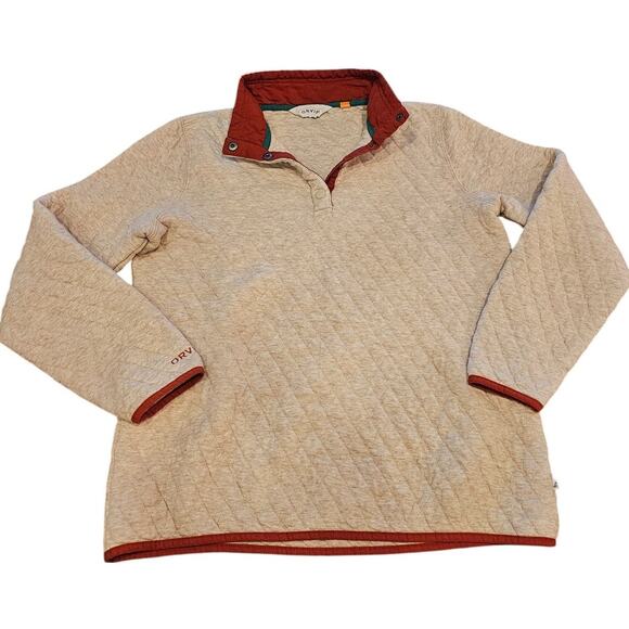 Orvis Women's Sz M Quilted 1/4 Snap Sweatshirt Cream and Red - Picture 1 of 6